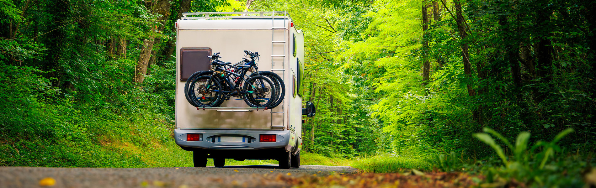 Recreational vehicle driving down lush green trees and bikes mounted