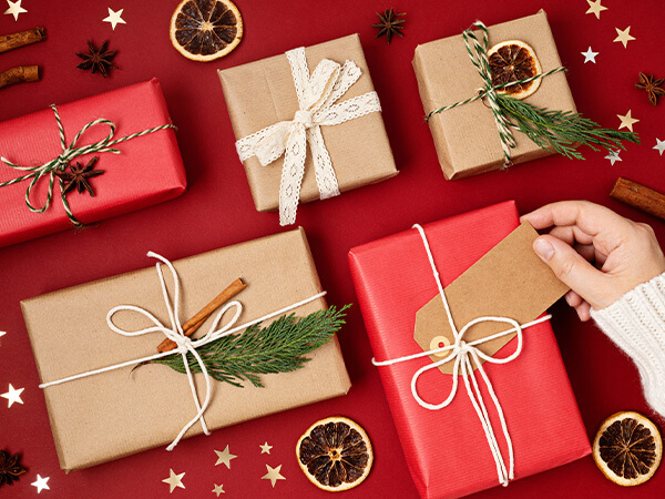 Overhead shot of wrapped holiday presents